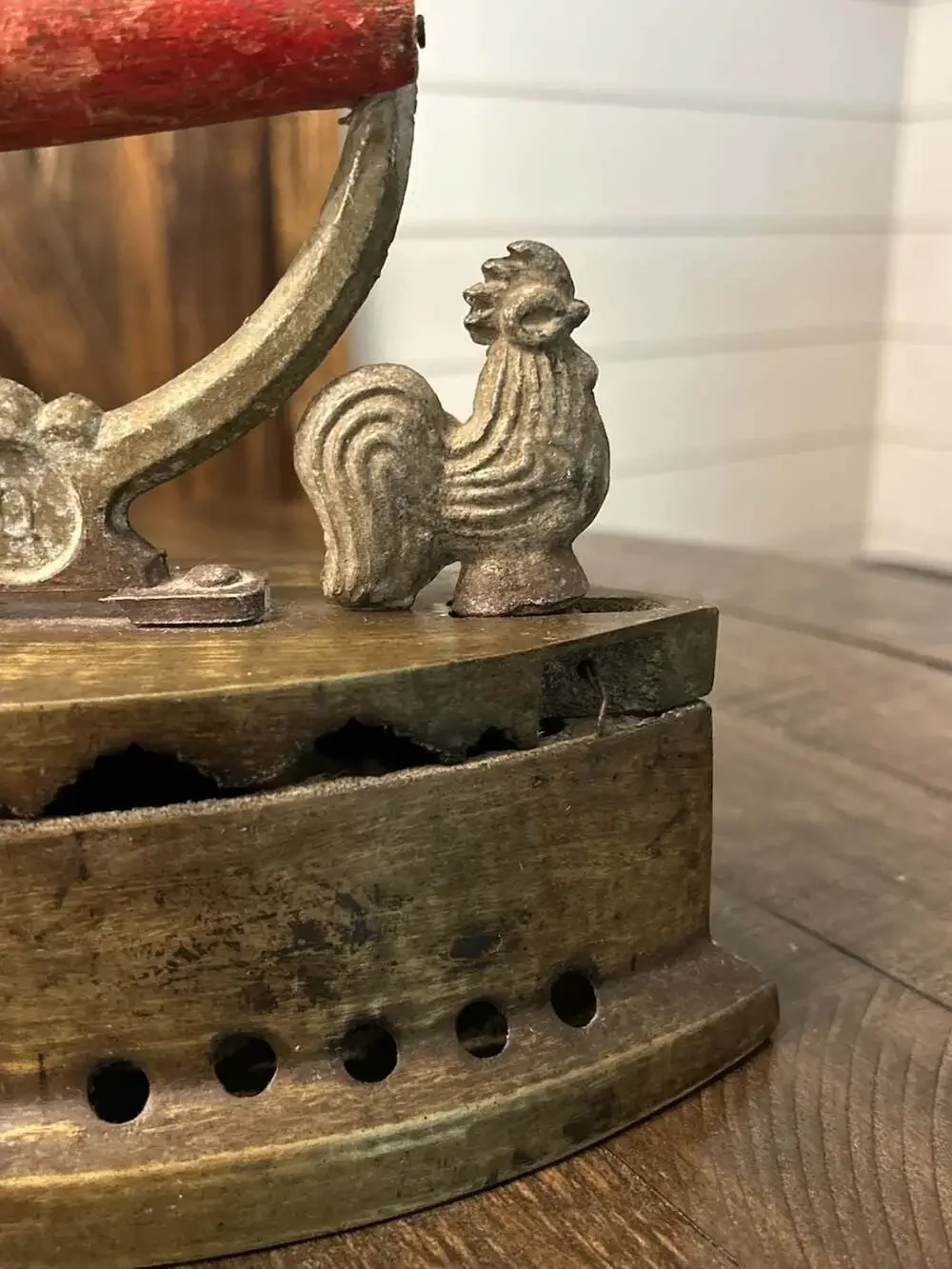 Vintage Charcoal Sad Iron with Rooster Finial and Red Wooden Handle